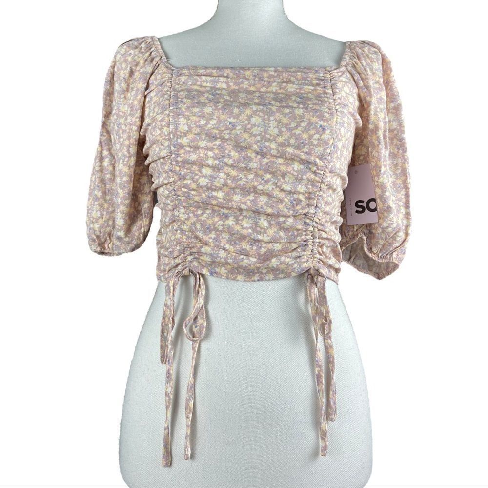 NWT SO Cottagecore Floral Short Balloon Sleeve Ruched Crop Top Size M